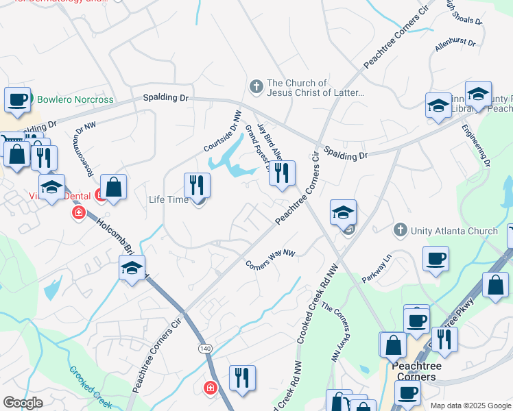 map of restaurants, bars, coffee shops, grocery stores, and more near 100 Wynfield Trce in Peachtree Corners