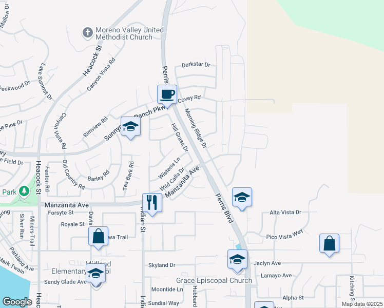 map of restaurants, bars, coffee shops, grocery stores, and more near 10780 Hill Grass Drive in Moreno Valley