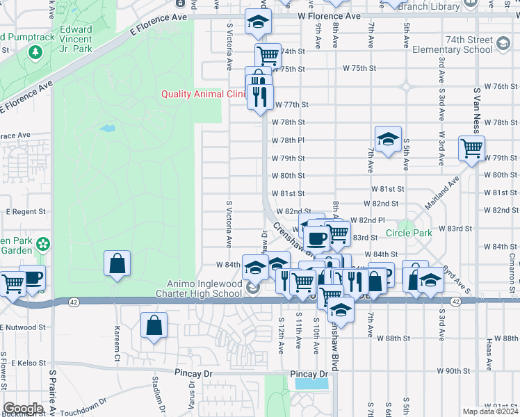 map of restaurants, bars, coffee shops, grocery stores, and more near 3401 West 82nd Street in Inglewood