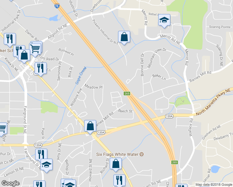 map of restaurants, bars, coffee shops, grocery stores, and more near 1704 Glenivy in Marietta