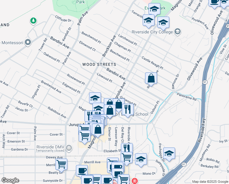 map of restaurants, bars, coffee shops, grocery stores, and more near 3831 Oakwood Place in Riverside
