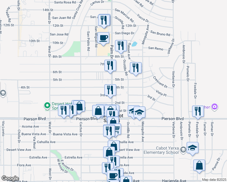 map of restaurants, bars, coffee shops, grocery stores, and more near 12061 Palm Drive in Desert Hot Springs