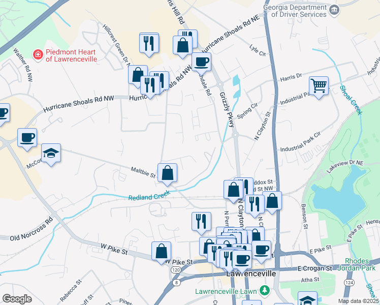 map of restaurants, bars, coffee shops, grocery stores, and more near 211 Scarlet Way in Lawrenceville