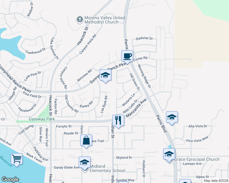 map of restaurants, bars, coffee shops, grocery stores, and more near 10765 Anemone Circle in Moreno Valley