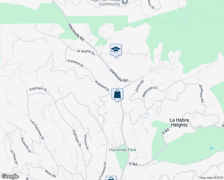map of restaurants, bars, coffee shops, grocery stores, and more near 2231 Hacienda Road in La Habra Heights