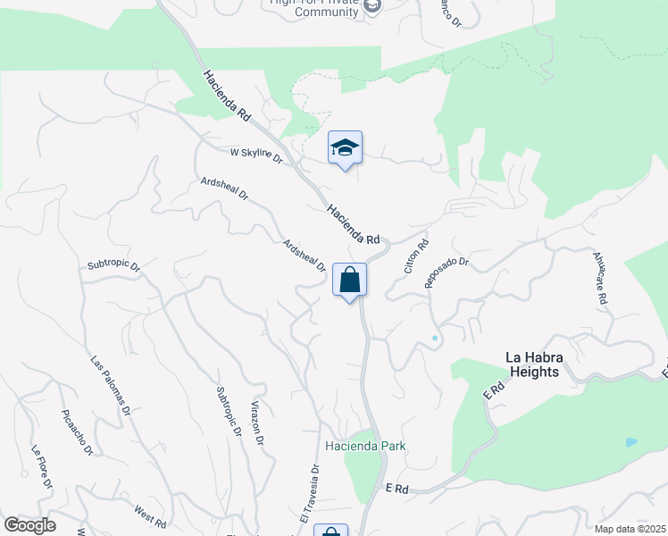 map of restaurants, bars, coffee shops, grocery stores, and more near Ardsheal Drive in La Habra Heights