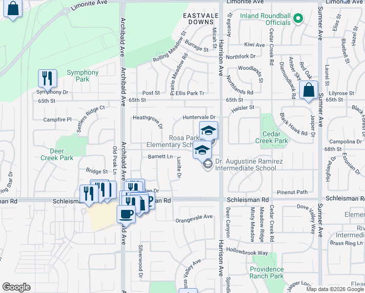 map of restaurants, bars, coffee shops, grocery stores, and more near 13957 Avenly Glen Way in Corona