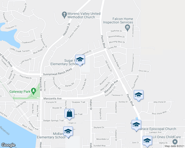 map of restaurants, bars, coffee shops, grocery stores, and more near 24491 Willow Run Road in Moreno Valley
