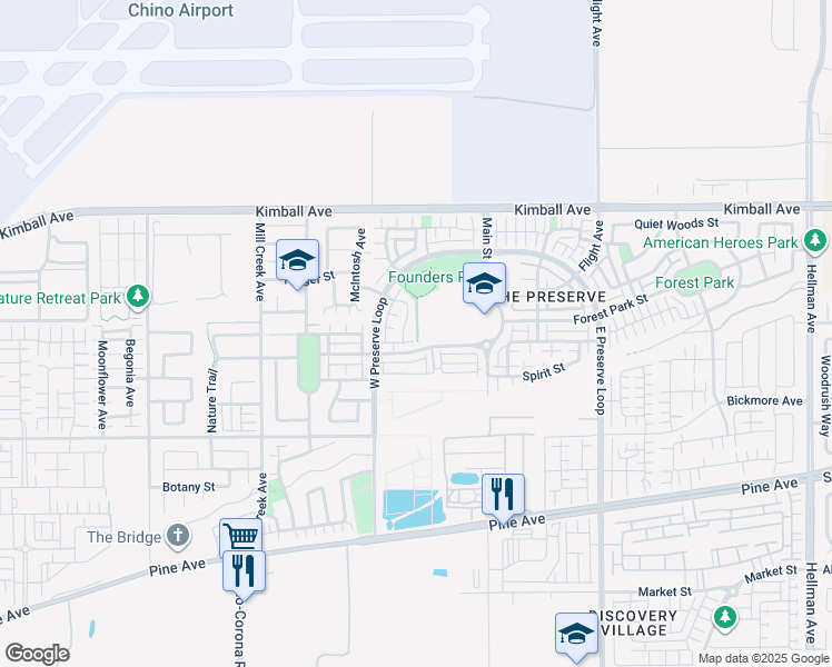 map of restaurants, bars, coffee shops, grocery stores, and more near 15961 Pilot Avenue in Chino