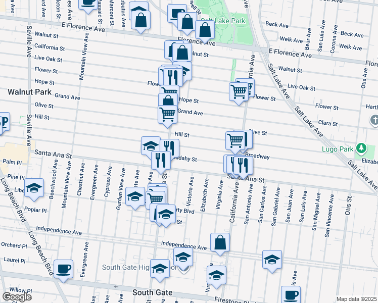 map of restaurants, bars, coffee shops, grocery stores, and more near 3319 Cudahy Street in Huntington Park