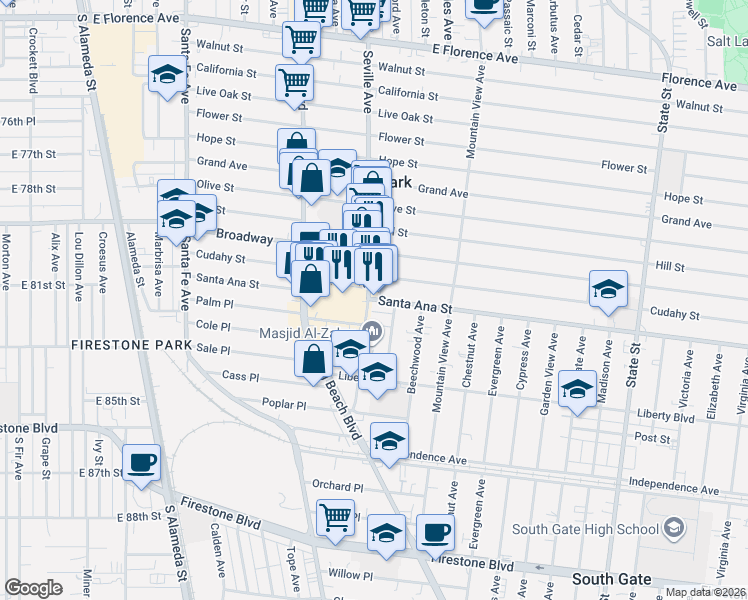 map of restaurants, bars, coffee shops, grocery stores, and more near in South Gate