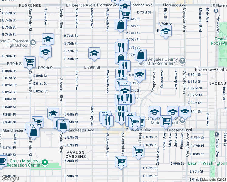 map of restaurants, bars, coffee shops, grocery stores, and more near 904 East 82nd Street in Los Angeles