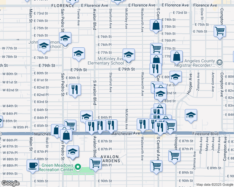 map of restaurants, bars, coffee shops, grocery stores, and more near 742 East 82nd Street in Los Angeles