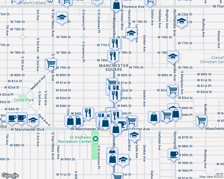 map of restaurants, bars, coffee shops, grocery stores, and more near 1814 West 82nd Street in Los Angeles