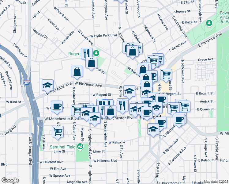 map of restaurants, bars, coffee shops, grocery stores, and more near 235 West Regent Street in Inglewood