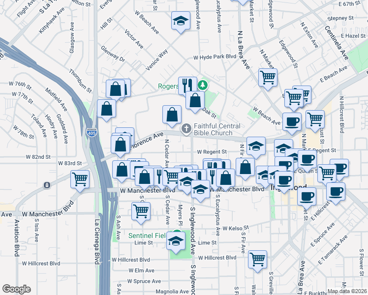 map of restaurants, bars, coffee shops, grocery stores, and more near 401 West Regent Street in Inglewood