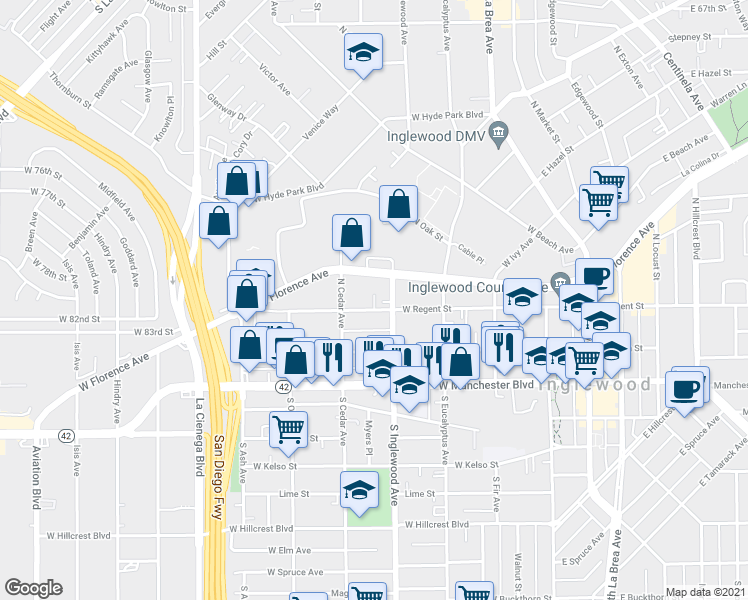 map of restaurants, bars, coffee shops, grocery stores, and more near 401 West Regent Street in Inglewood