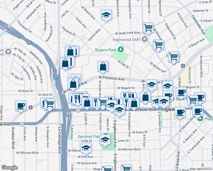map of restaurants, bars, coffee shops, grocery stores, and more near 437 West Regent Street in Inglewood