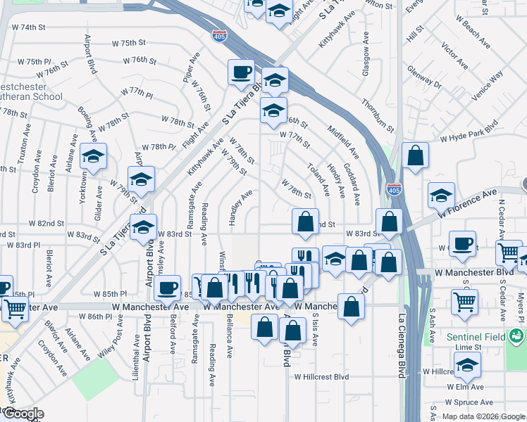 map of restaurants, bars, coffee shops, grocery stores, and more near 8112 Osage Avenue in Los Angeles