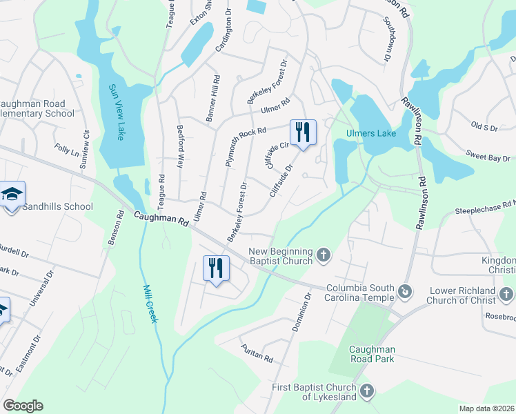 map of restaurants, bars, coffee shops, grocery stores, and more near 2616 Cliffside Drive in Columbia