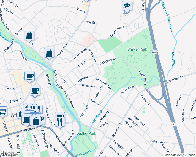 map of restaurants, bars, coffee shops, grocery stores, and more near 230 First Street in Athens