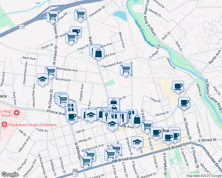 map of restaurants, bars, coffee shops, grocery stores, and more near 290 Barber Street in Athens
