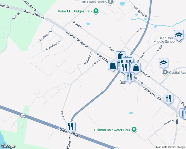 map of restaurants, bars, coffee shops, grocery stores, and more near 1860 Forest Court in Statham
