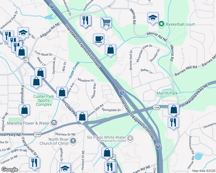 map of restaurants, bars, coffee shops, grocery stores, and more near 1706 Glenivy in Marietta