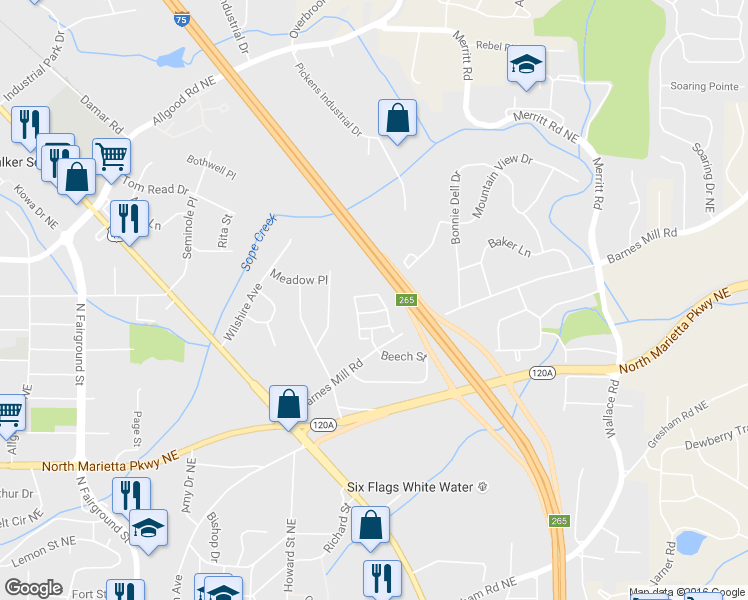 map of restaurants, bars, coffee shops, grocery stores, and more near 1704 Glenivy in Marietta
