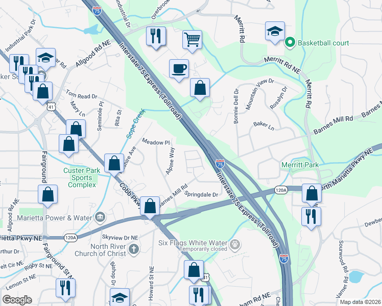 map of restaurants, bars, coffee shops, grocery stores, and more near 1701 Glenivy in Marietta