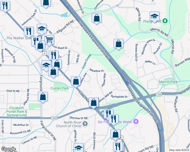 map of restaurants, bars, coffee shops, grocery stores, and more near 551 Barnes Mill Drive in Marietta