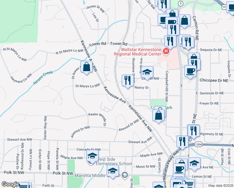 map of restaurants, bars, coffee shops, grocery stores, and more near 550 Kennesaw Avenue in Marietta