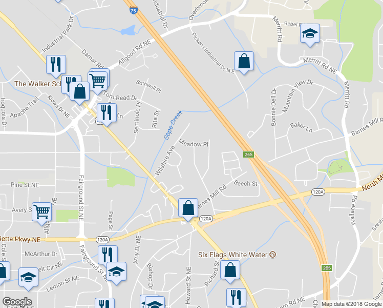 map of restaurants, bars, coffee shops, grocery stores, and more near 551 Barnes Mill Drive in Marietta