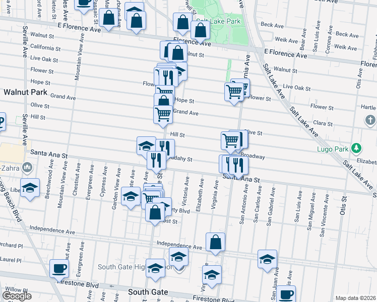 map of restaurants, bars, coffee shops, grocery stores, and more near 3326 Broadway in Huntington Park
