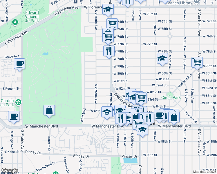 map of restaurants, bars, coffee shops, grocery stores, and more near 3401 West 82nd Street in Inglewood