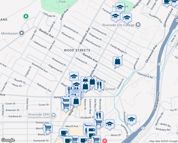 map of restaurants, bars, coffee shops, grocery stores, and more near 3831 Oakwood Place in Riverside