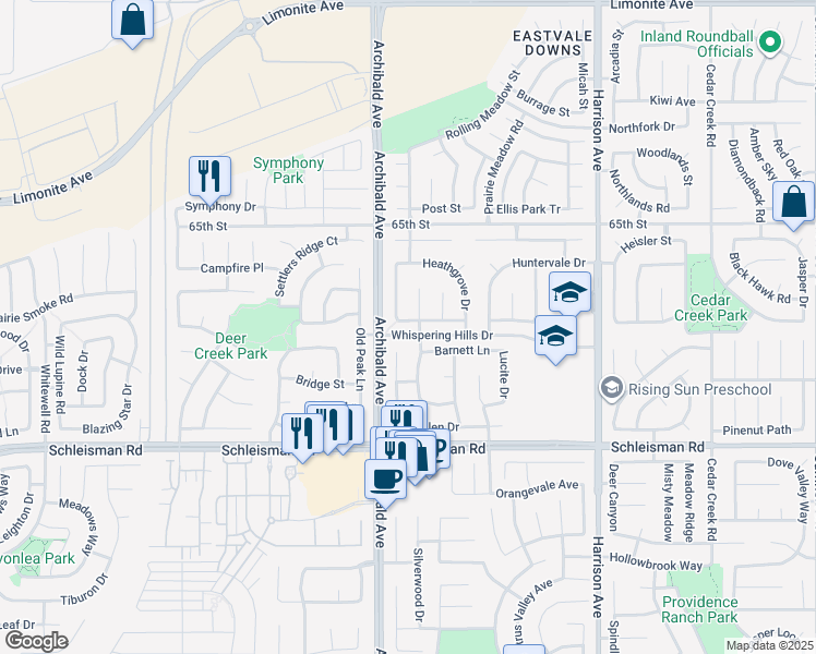 map of restaurants, bars, coffee shops, grocery stores, and more near 14169 Emmerglen Way in Corona