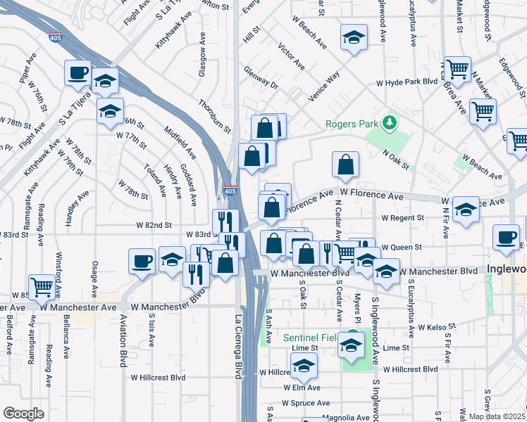 map of restaurants, bars, coffee shops, grocery stores, and more near 647 Augusta Street in Inglewood