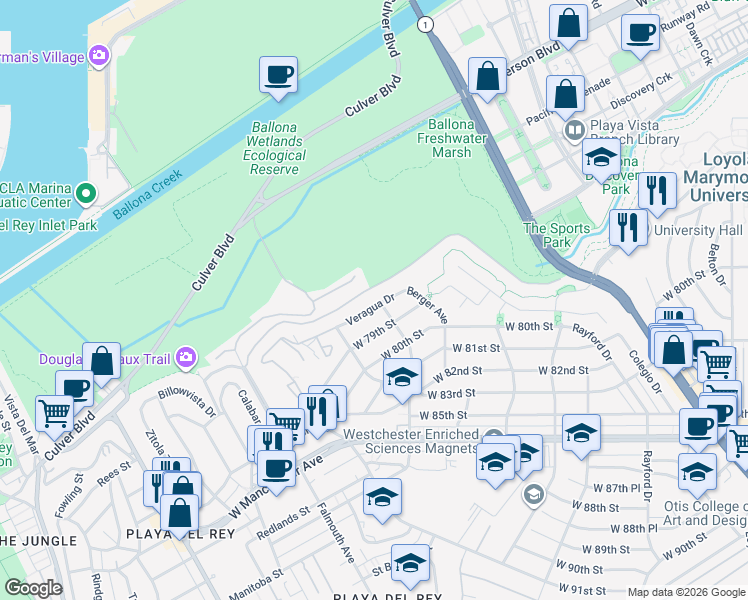map of restaurants, bars, coffee shops, grocery stores, and more near 7800 Veragua Drive in Los Angeles
