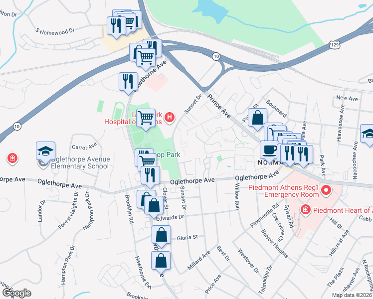 map of restaurants, bars, coffee shops, grocery stores, and more near 700 Sunset Drive in Athens
