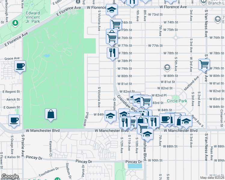 map of restaurants, bars, coffee shops, grocery stores, and more near 3401 West 82nd Street in Inglewood