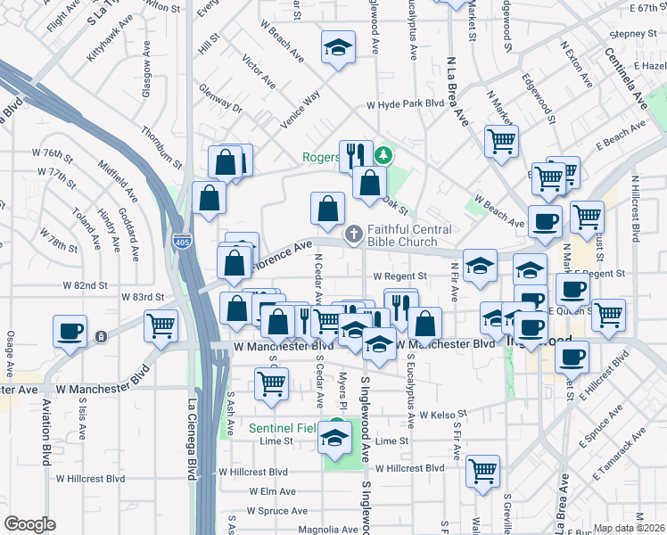 map of restaurants, bars, coffee shops, grocery stores, and more near 437 West Regent Street in Inglewood