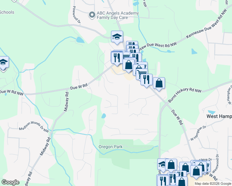 map of restaurants, bars, coffee shops, grocery stores, and more near 386 Silverthorn Drive in Marietta