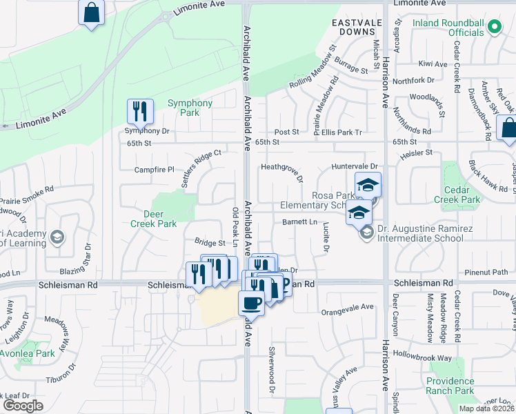 map of restaurants, bars, coffee shops, grocery stores, and more near 14189 Emmerglen Way in Corona