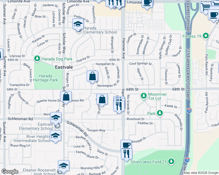 map of restaurants, bars, coffee shops, grocery stores, and more near 12693 Norwegian Street in Corona