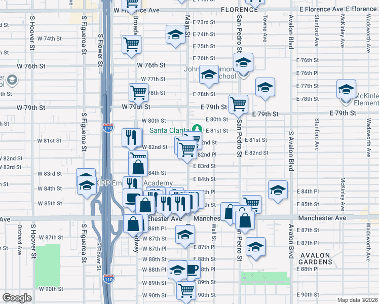 map of restaurants, bars, coffee shops, grocery stores, and more near 8226 Main Street in Los Angeles