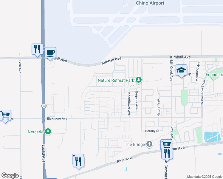 map of restaurants, bars, coffee shops, grocery stores, and more near 7522 Shorthorn Street in Chino