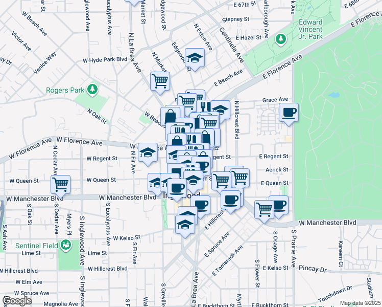 map of restaurants, bars, coffee shops, grocery stores, and more near 215 East Regent Street in Inglewood