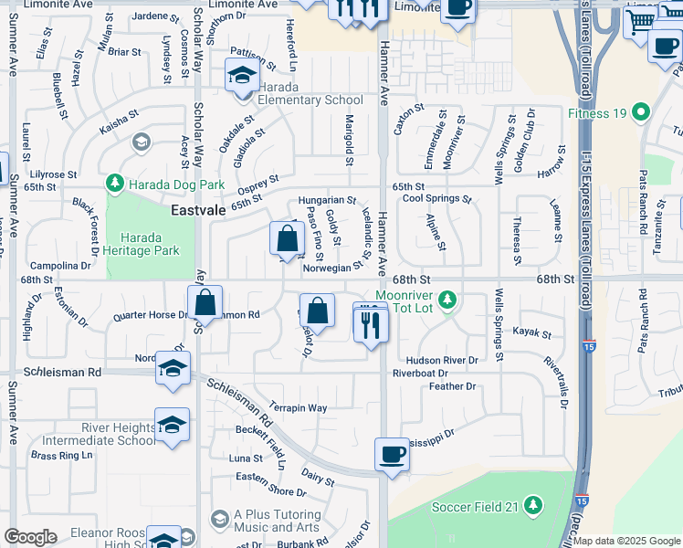 map of restaurants, bars, coffee shops, grocery stores, and more near 12693 Norwegian Street in Corona