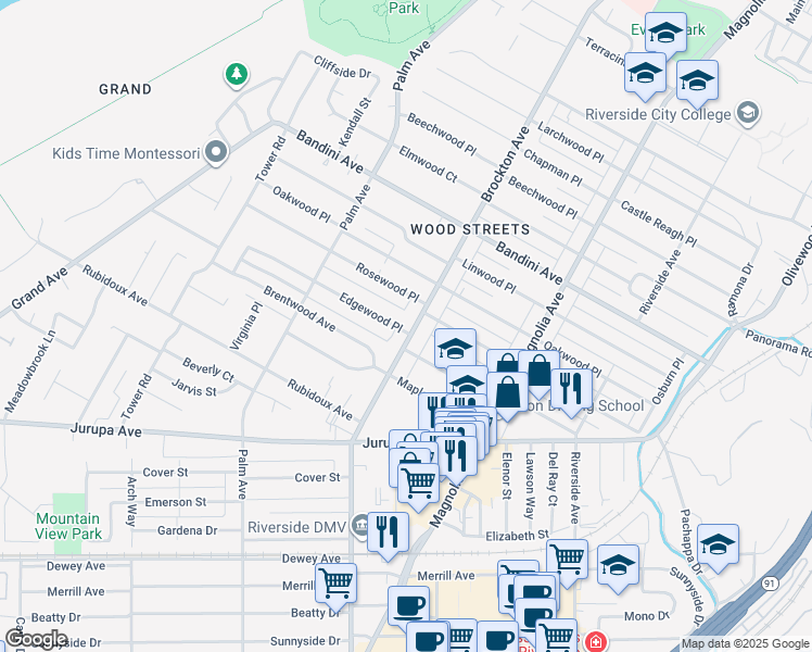 map of restaurants, bars, coffee shops, grocery stores, and more near 5755 Brockton Avenue in Riverside